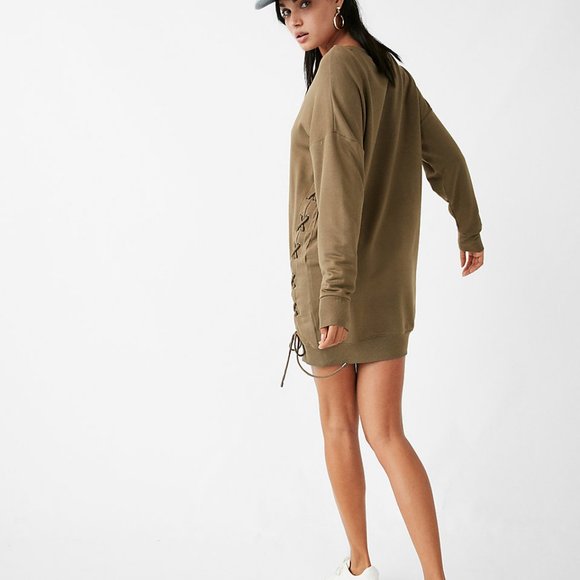 NWT Express one eleven lace-up sweatshirt dress Olive XS - Picture 6 of 6